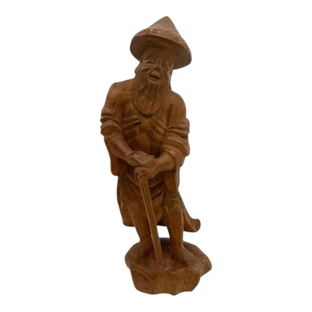 Vtg Hand Carved Wood Chinese Wise Old Man w/walking Stick Statue Figurine 10